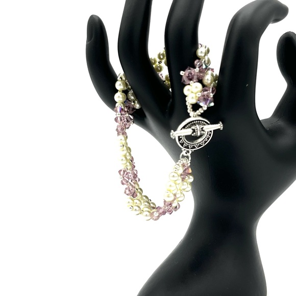 Hand Crafted Pearl and Lavender Crystal Bracelet - Picture 3 of 8